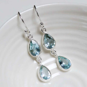 Sterling Silver Double Blue Topaz Dangly Teardrops on white dish