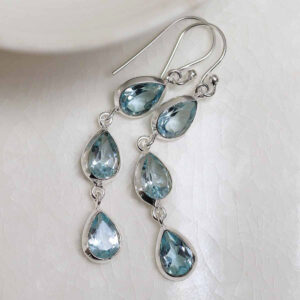 Sterling Silver Triple Blue Topaz Dangly Teardrops on white