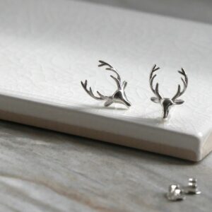 Sterling Silver Stag Stud Earrings on White Background