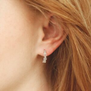 Silver Lace Flower Hoops on model with red hair