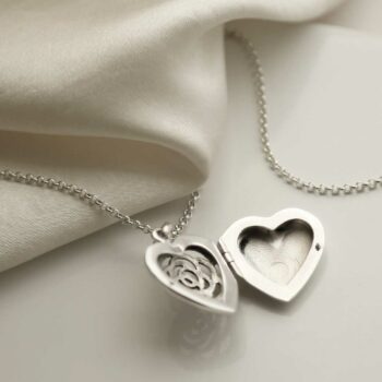 MR1103 ENGRAVABLE STERLING SILVER FILIGREE ROSE HEART LOCKET NECKLACE OPEN 1