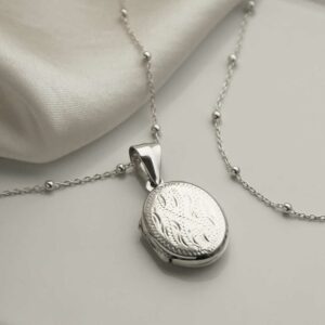 Engravable Sterling Silver Decorative Oval Locket on silk with satellite chain