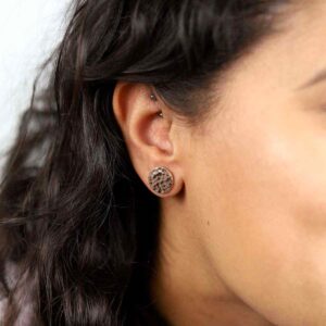 Brunette Model Wearing Rose Gold Plated Silver Hammered Disc Studs