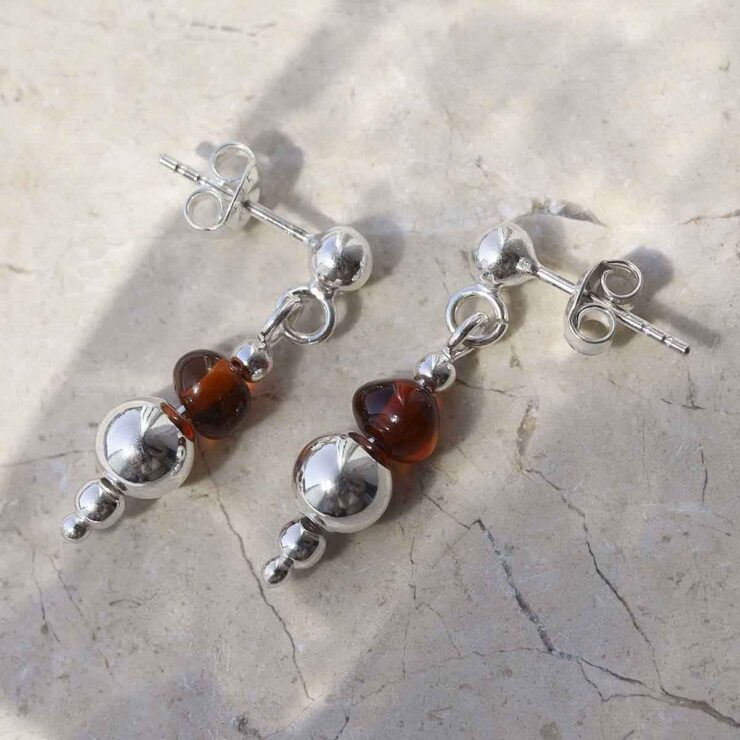 Sterling Silver Delicate Amber Stud Drop Earrings
