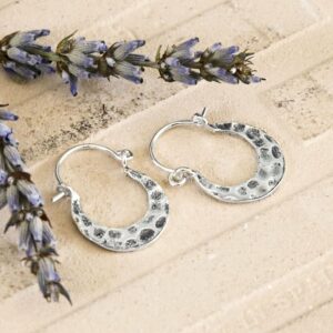 Silver Hammered Hoop with a Horse Shoe Shape and Oxidised Detail, on a terracotta background with Dried Lavender