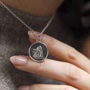 Engravable Sterling Silver Cherub Necklace on model