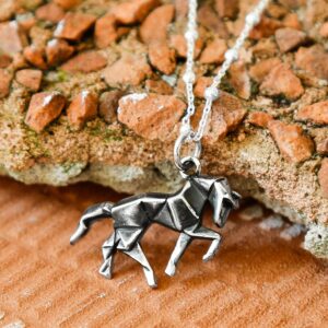 Sterling Silver Oxidised Origami Horse Necklace