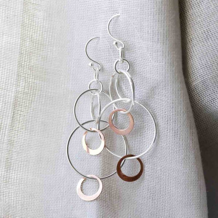 Sterling Silver And Rose Gold Swinging Circles Dangly Earrings