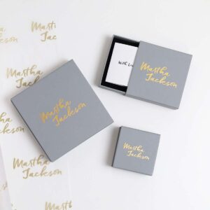 three different sized grey gift boxes on martha jackson tissue paper