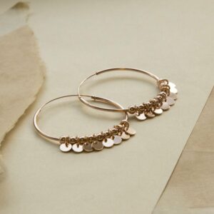 Rose Gold Hoops with sequin style detail, on a sand coloured paper background