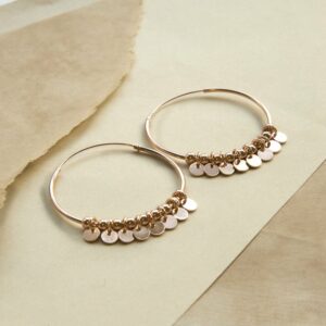 Rose Gold Hoops with sequin style detail, on a sand coloured paper background