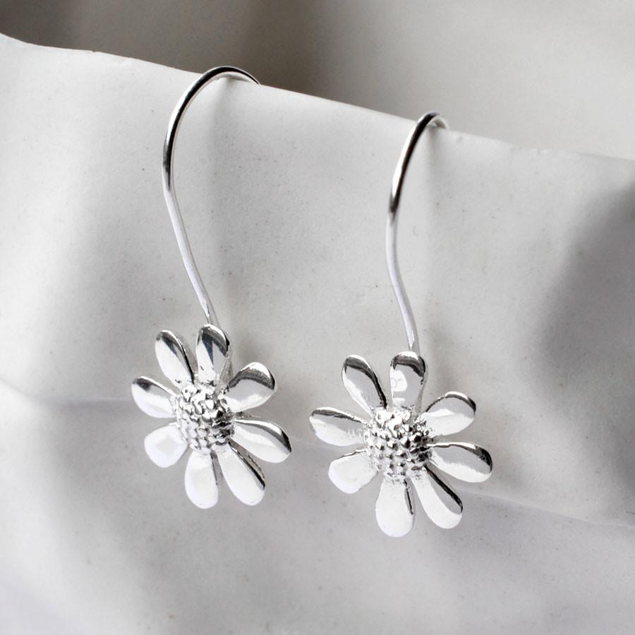 Orecchini A Filo In Argento 925 Con Fiore – Cerchi Pendenti A Margherita – Donna, Ragazza, Gioiello Elegante