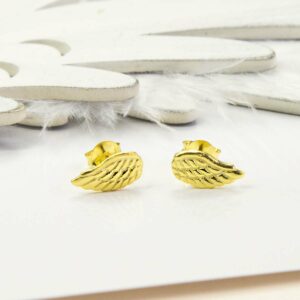 Gold Angel Wing Studs with white feather and wooden feather background