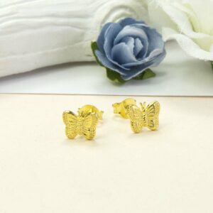 Small Gold Butterfly studs with Blue and white roses in the background