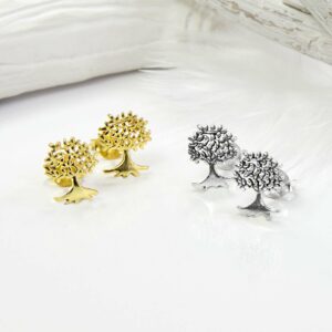 Small Gold Tree studs on the left and Silver Tree studs on the right, with white feathers and background