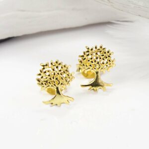 Small Gold Tree studs with white feathers and background