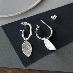 sterling silver leaf hoops studs showing butterfly