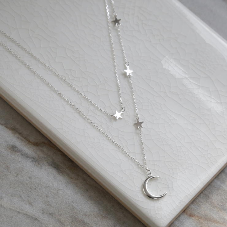 Sterling Silver Moon and Stars Layered Charm Necklace - Martha Jackson