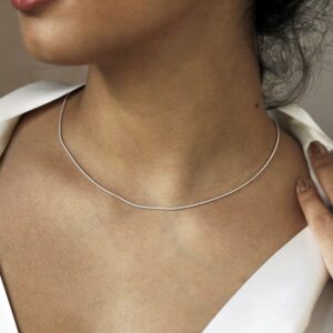 sterling silver fine snake chain necklace worn by model