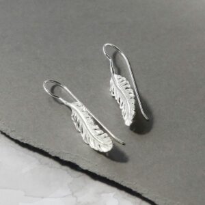 Sterling Silver Feather Drop Earrings Sat on Slate