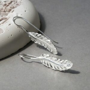 Sterling Silver Feather Drop Earrings Sat on Slate