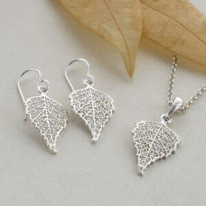 Birch Leaf Pendant and earrings with autumn leaf and white back ground