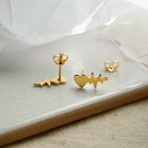 Gold Plated Sterling Silver Heart Wave Studs sat on marble with shadows being cast