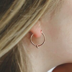 Rose Gold plated sterling silver Knot Hoop on Model