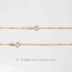 gold plated sterling silver satellite chain showing extension length on white background