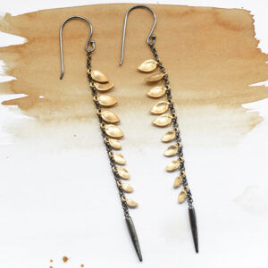 Dark Rhodium Chain and Gold Plated Leaves Earrings on Tea stain