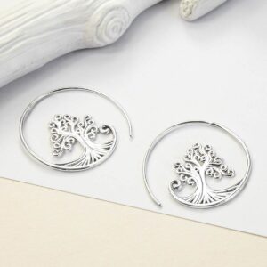 Tree Hoop Earrings on white background with yellow corner detail