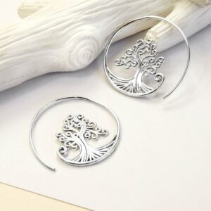 Tree Hoop Earrings on white background with yellow corner detail