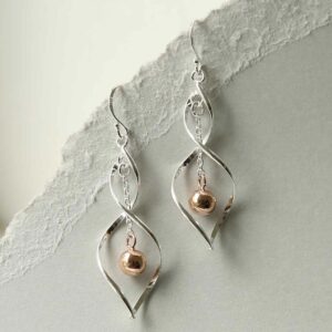 sterling silver twisted dangly earrings with centre rose gold ball hanging