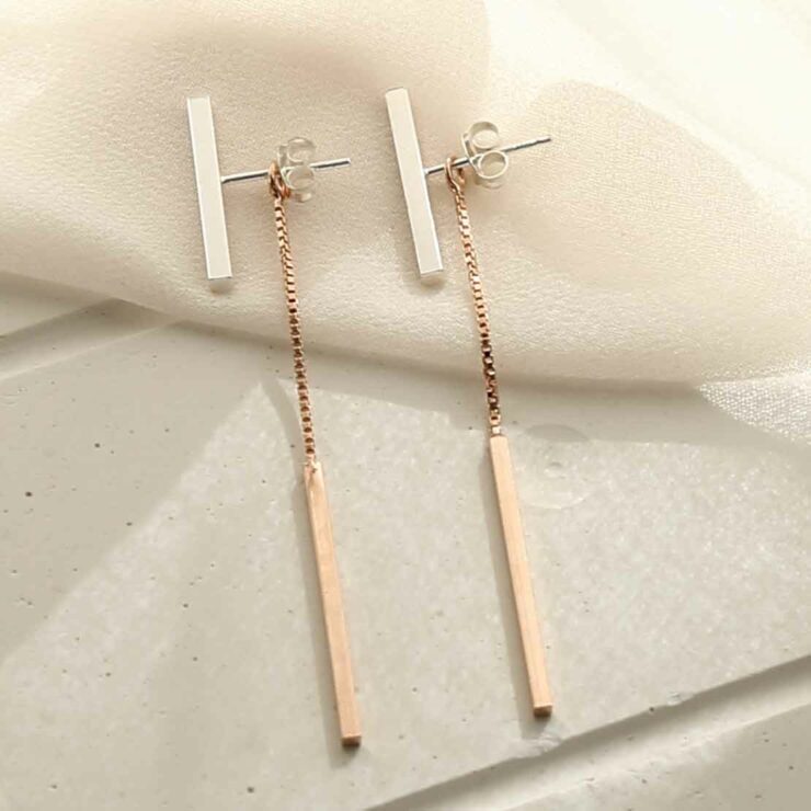 Sterling Silver Rose Gold T Bar Dangly Earrings Affordable