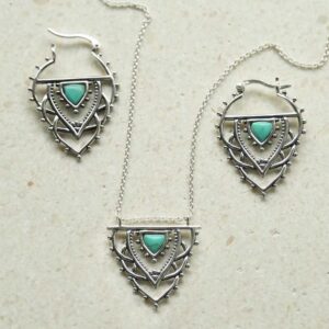 silver exotic hoops and necklace with turquoise triangle