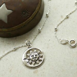 silver vintage sun and moon necklace on satellite chain