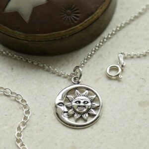 silver vintage sun and moon necklace on belcher chain