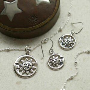 silver vintage sun and moon earrings and necklace set