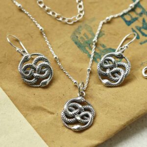 silver twisting snake earrings and necklace set on paper