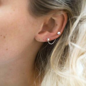 Blonde Model Wearing Sterling Silver Sun and Moon Double Studs