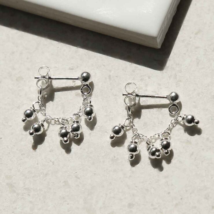ML968_STERLING SILVER HANGING LANTERNS STUD CHAIN EARRINGS_1 STERLING SILVER HANGING LANTERNS STUD CHAIN EARRINGS on table
