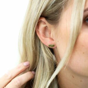 Blonde Model Wearing Gold Plated Silver Hammered Half Studs