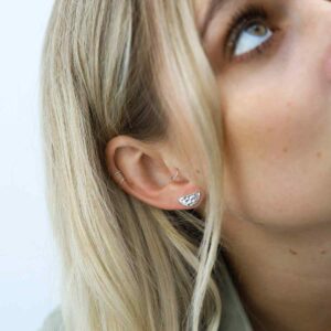 Blonde Model Wearing Sterling Silver Hammered Half Studs