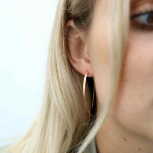 Blonde Model Wearing Rose Gold Plated Silver Oval Threader Earrings