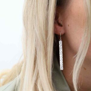 Blonde Model Wearing Sterling Silver Hammered Bar Earrings