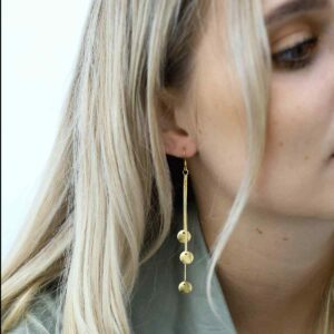 Blonde Model in Green top wearing Gold Plated Silver Jupiter Earrings