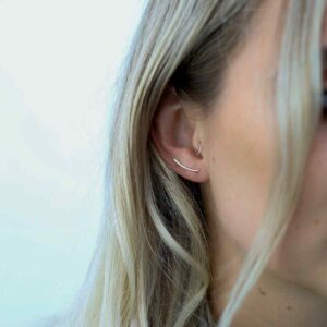 Blonde Model Wearing Sterling Silver Tiny Curve Threader Earrings