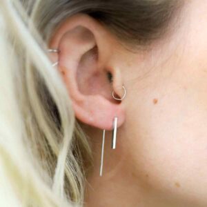 Blonde Model wearing Sterling Silver Tiny Bar Threader Earrings