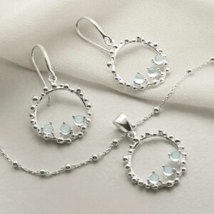 three blue topaz gems in water droplets circle dangly earrings and necklace