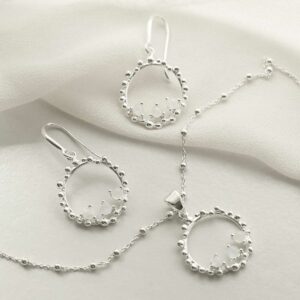 three moonstone gems in water droplets circle dangly earrings and necklace